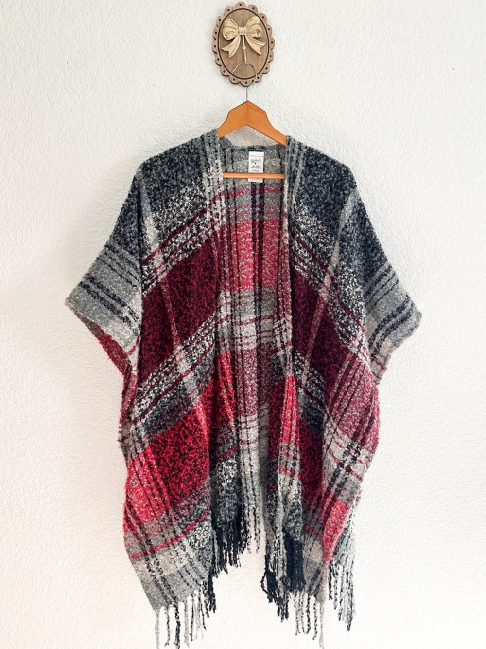 Woolrich Gray, Black & Red Plaid Knit Open-Front Poncho